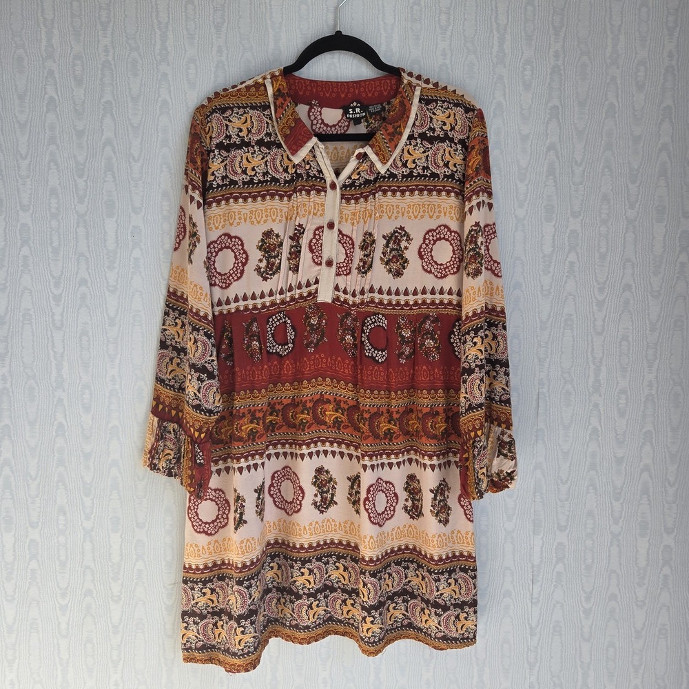 S.R. Fashion Womens XL Tunic‎ Top Paisley Striped Rust Brown Boho Lagenlook